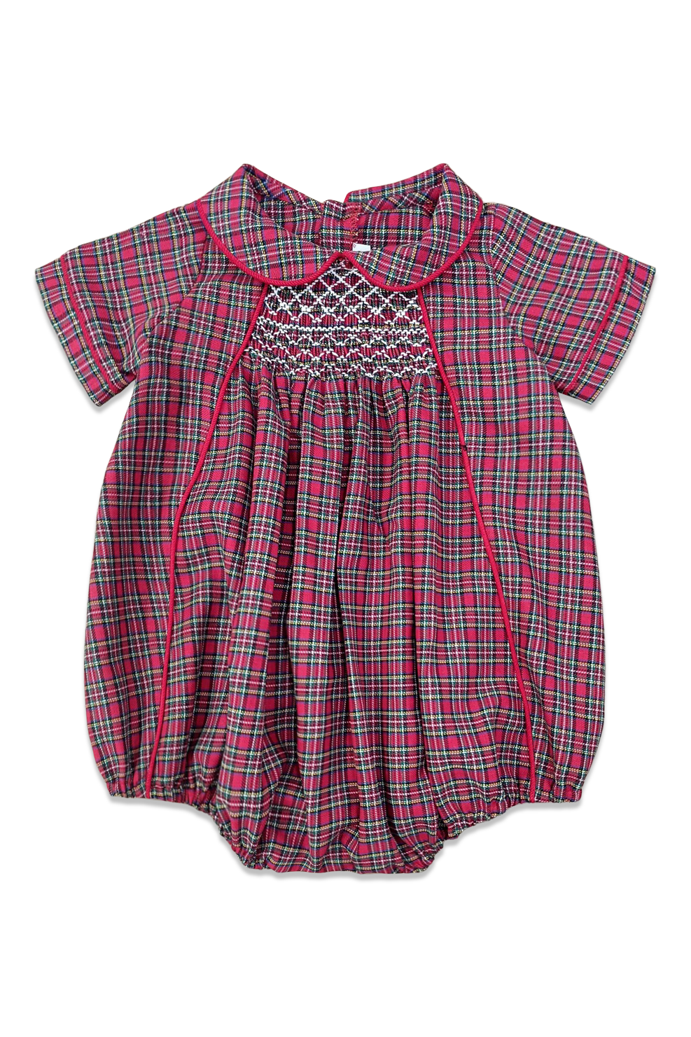Graham Holiday Plaid Smocked Bubble Outfit. Red Plaid Baby Boy Christmas Bubble. White Smocked Heirloom Holiday Outfit.