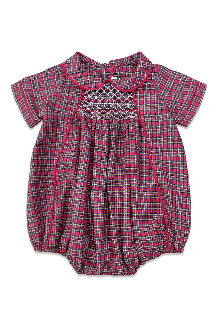 Graham Holiday Plaid Smocked Bubble Outfit. Red Plaid Baby Boy Christmas Bubble. White Smocked Heirloom Holiday Outfit.