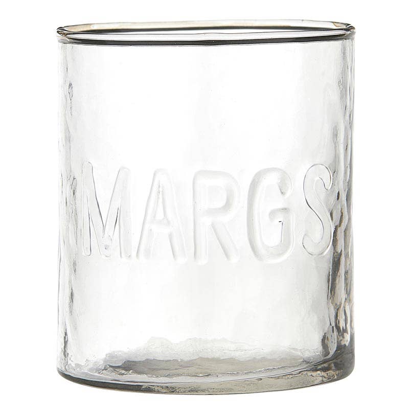 Clear glass jar with 'MARGS' embossed on a white background