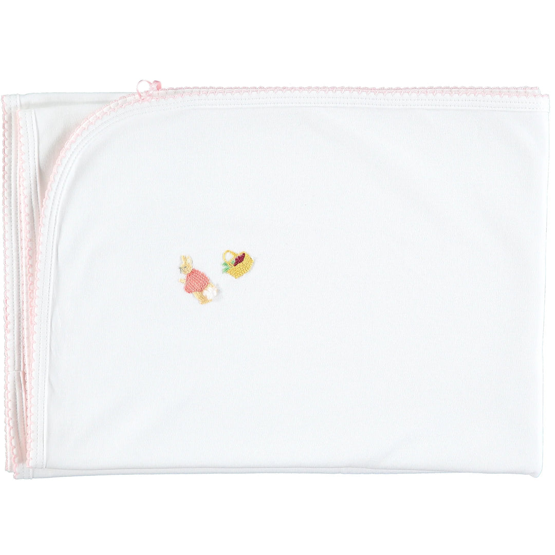 White Baby Blanket with Hand Embroidered Flopsy Bunny and Pink Trim 