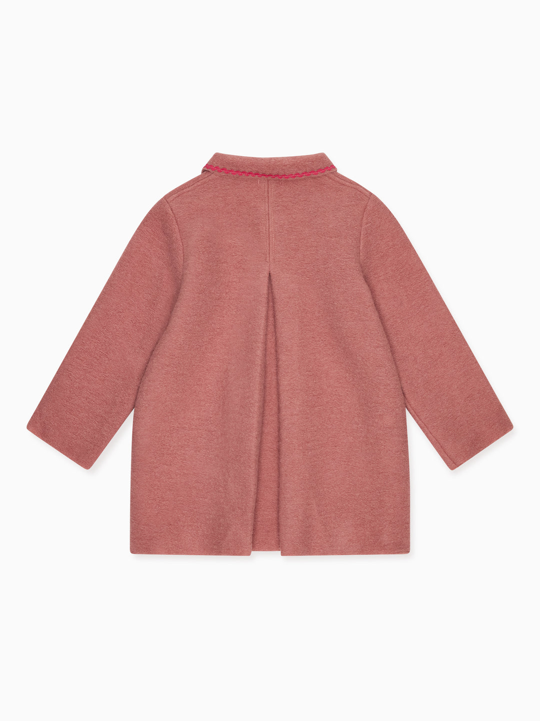 A dusty rose pink long-sleeve cardigan or coat shown from the back, featuring a central seam and a small pink embroidered detail along the collar, displayed on a clean white background.