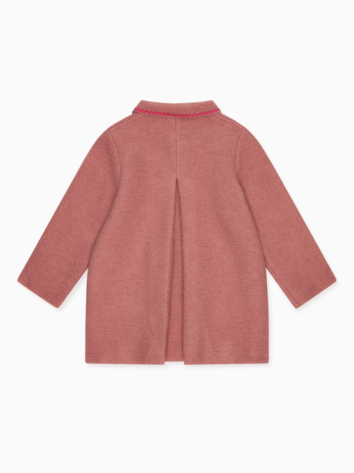 A dusty rose pink long-sleeve cardigan or coat shown from the back, featuring a central seam and a small pink embroidered detail along the collar, displayed on a clean white background.