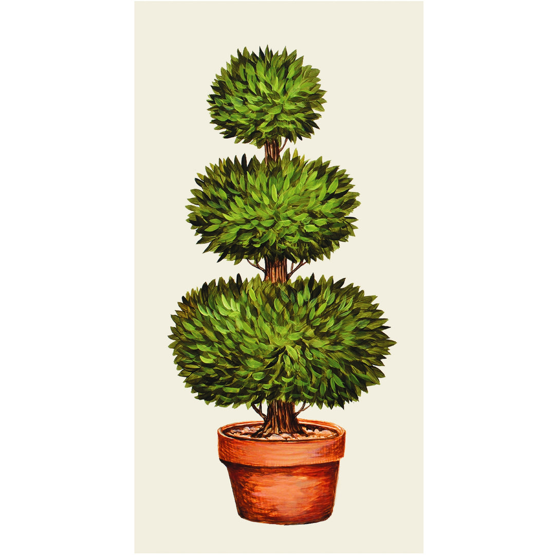 Potted topiary plant with three tiers of green leaves on a beige background