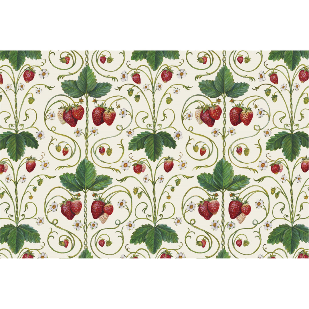 Decorative pattern with strawberries and leaves on a white background