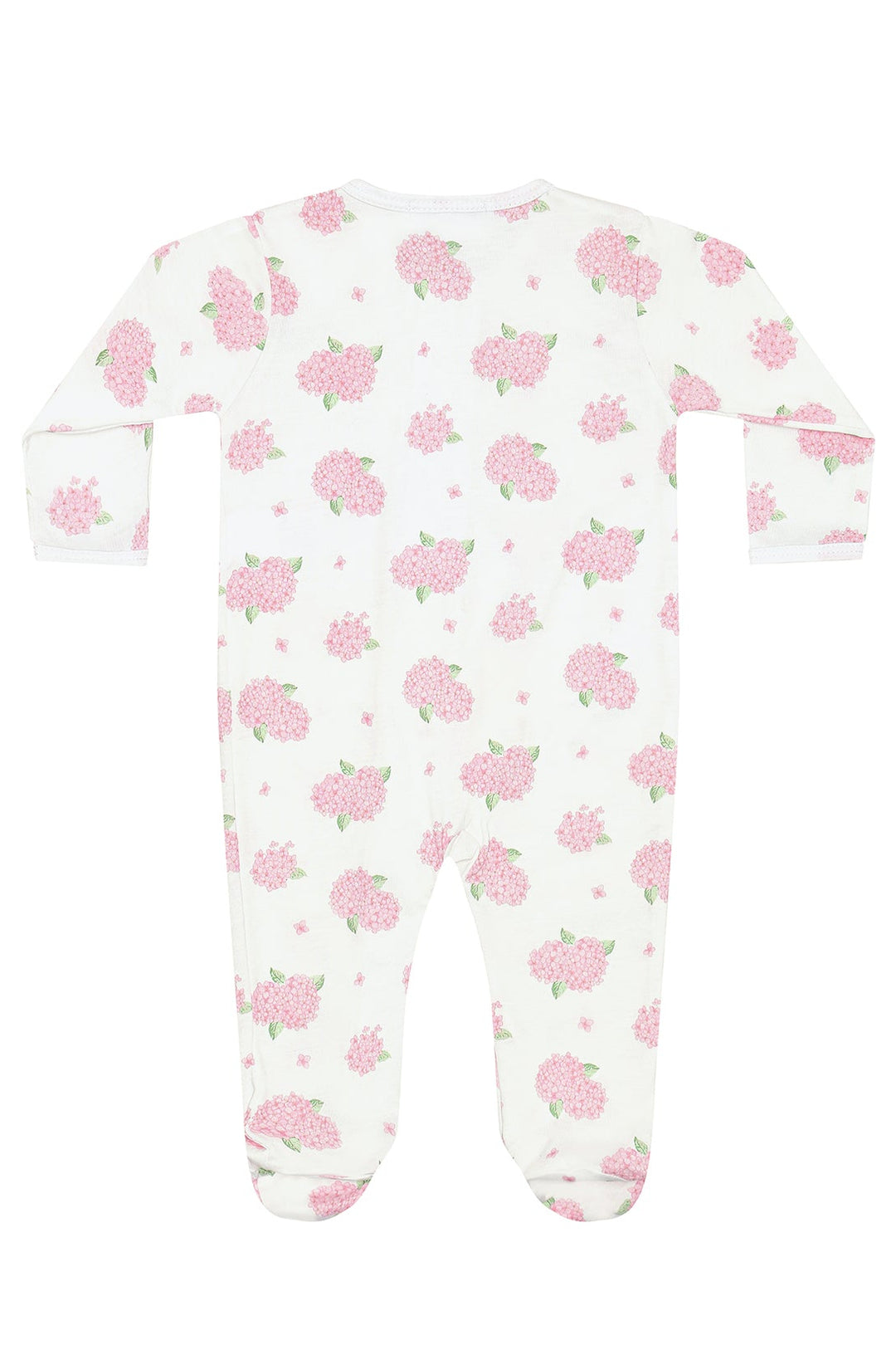 Backside of baby footie with pink hydrangeas