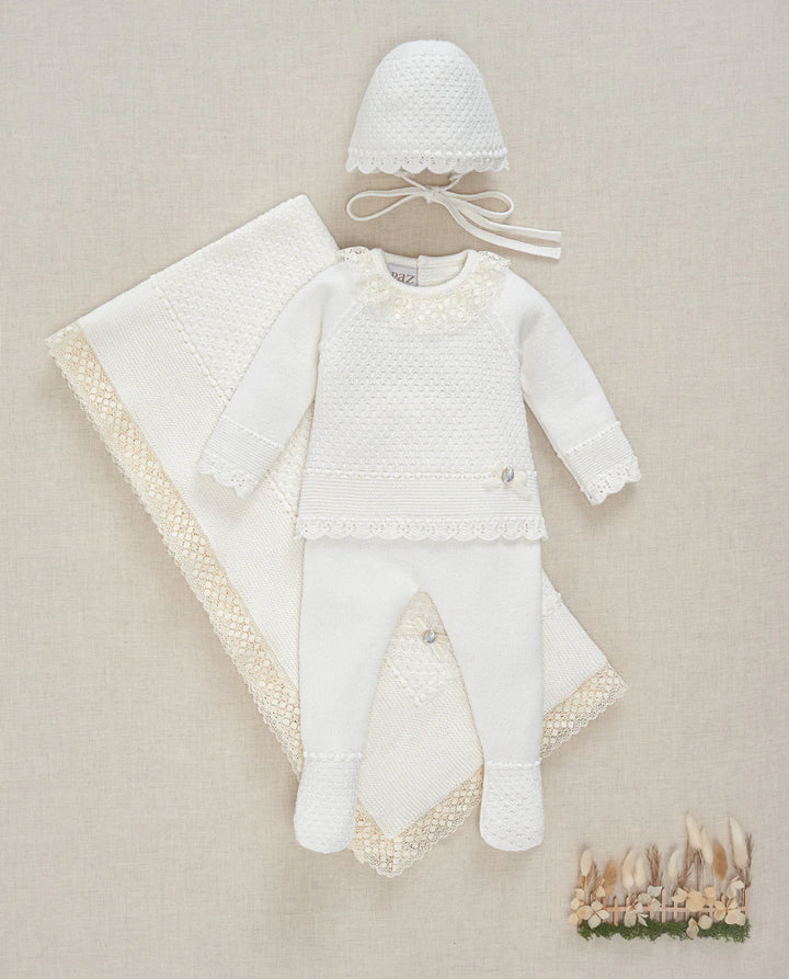 Paz Rodríguez Ivory Knit Baby Blanket with Lace Trim