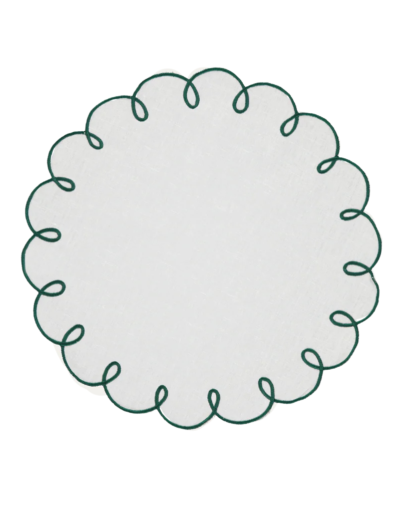 Lisboa Scalloped Placemat White with Green - Set of 4