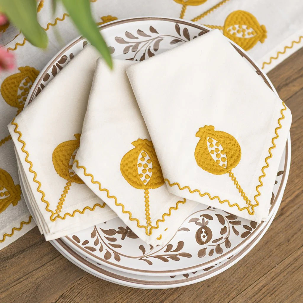Pomegranate Crewel Ochre Napkin - Set of 4
