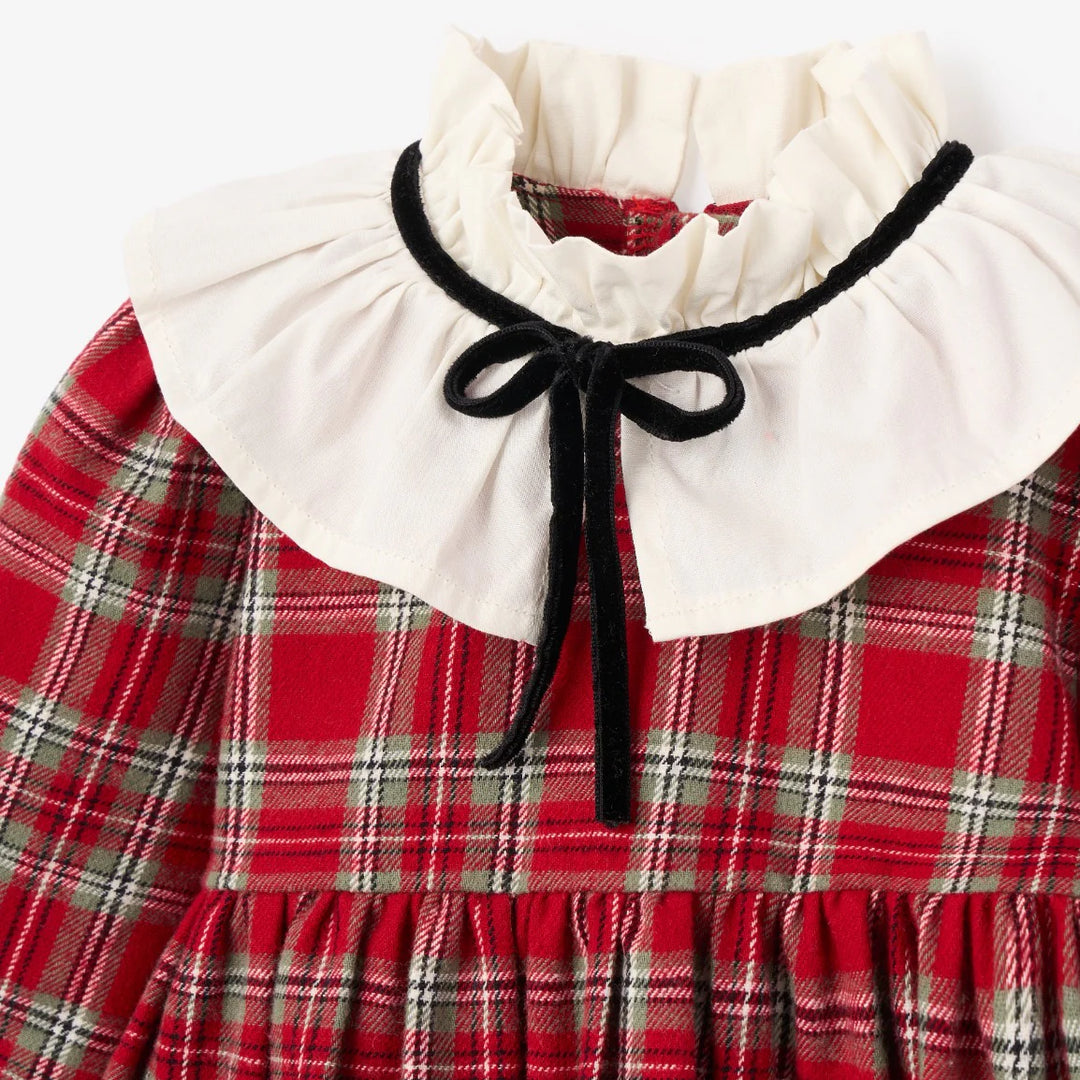 Holiday Red Tartan Dress with Pleated Collar
