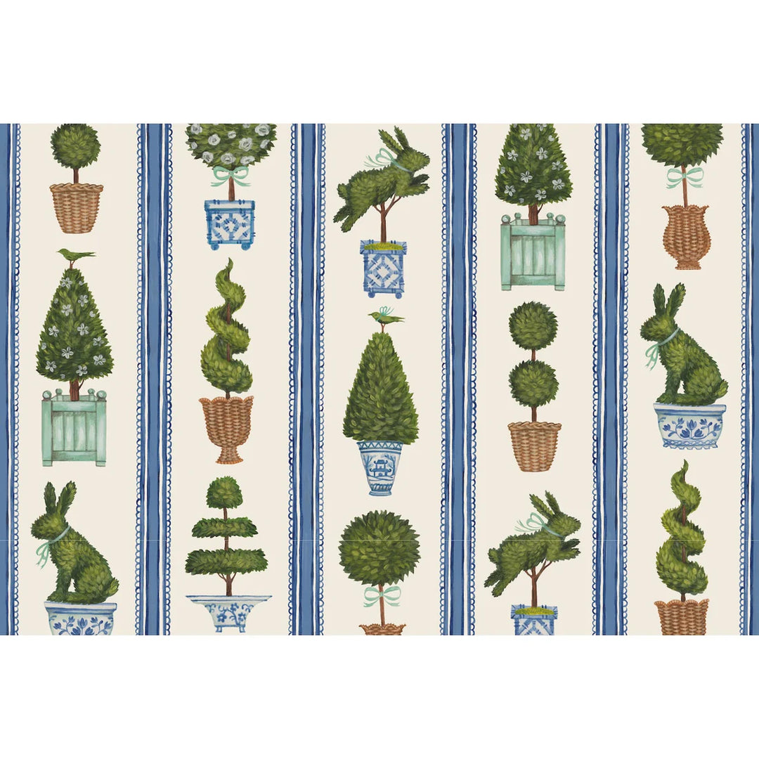 Patterned fabric with topiary trees, rabbits, and striped blue border on a beige background