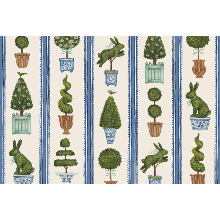 Patterned fabric with topiary trees, rabbits, and striped blue border on a beige background