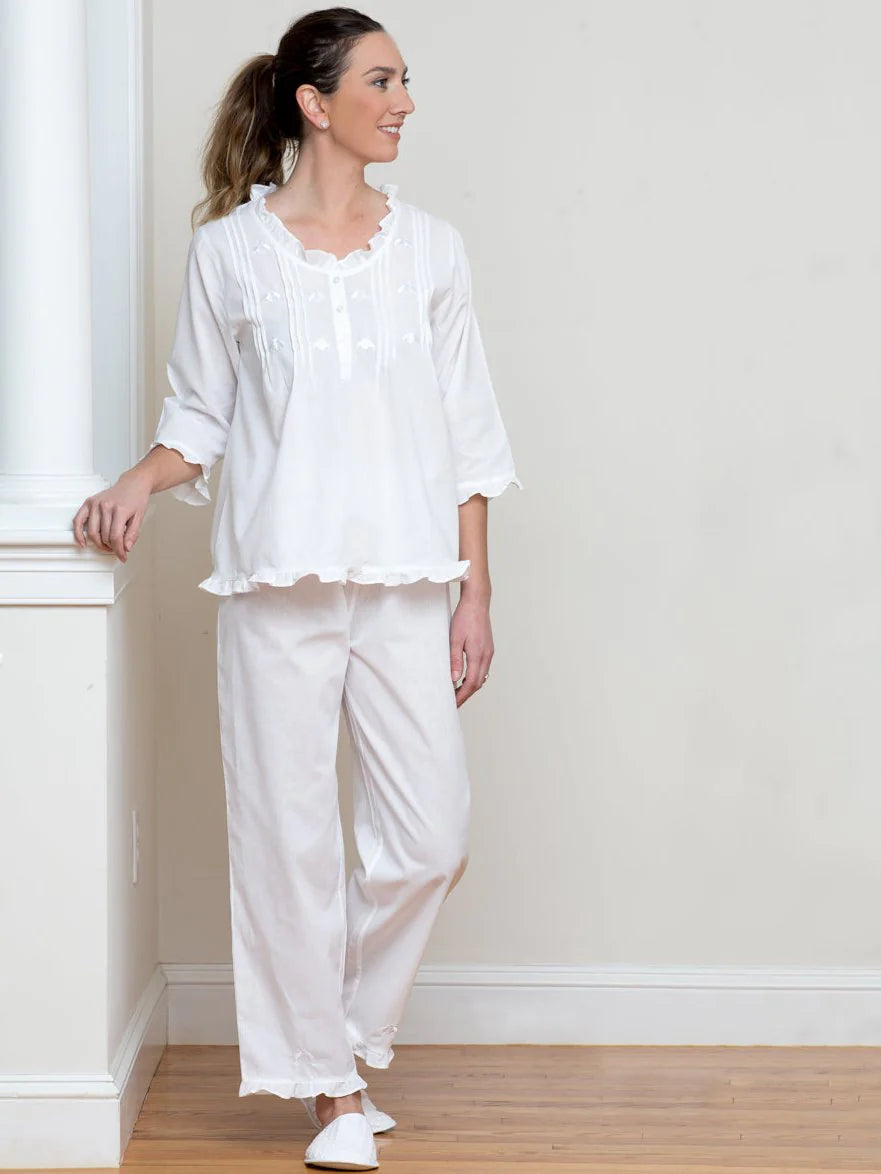 Caroline White Cotton , Embroidered Bee Pajamas