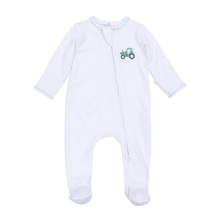 Lil' Green Tractor Embroidered Zip Footie