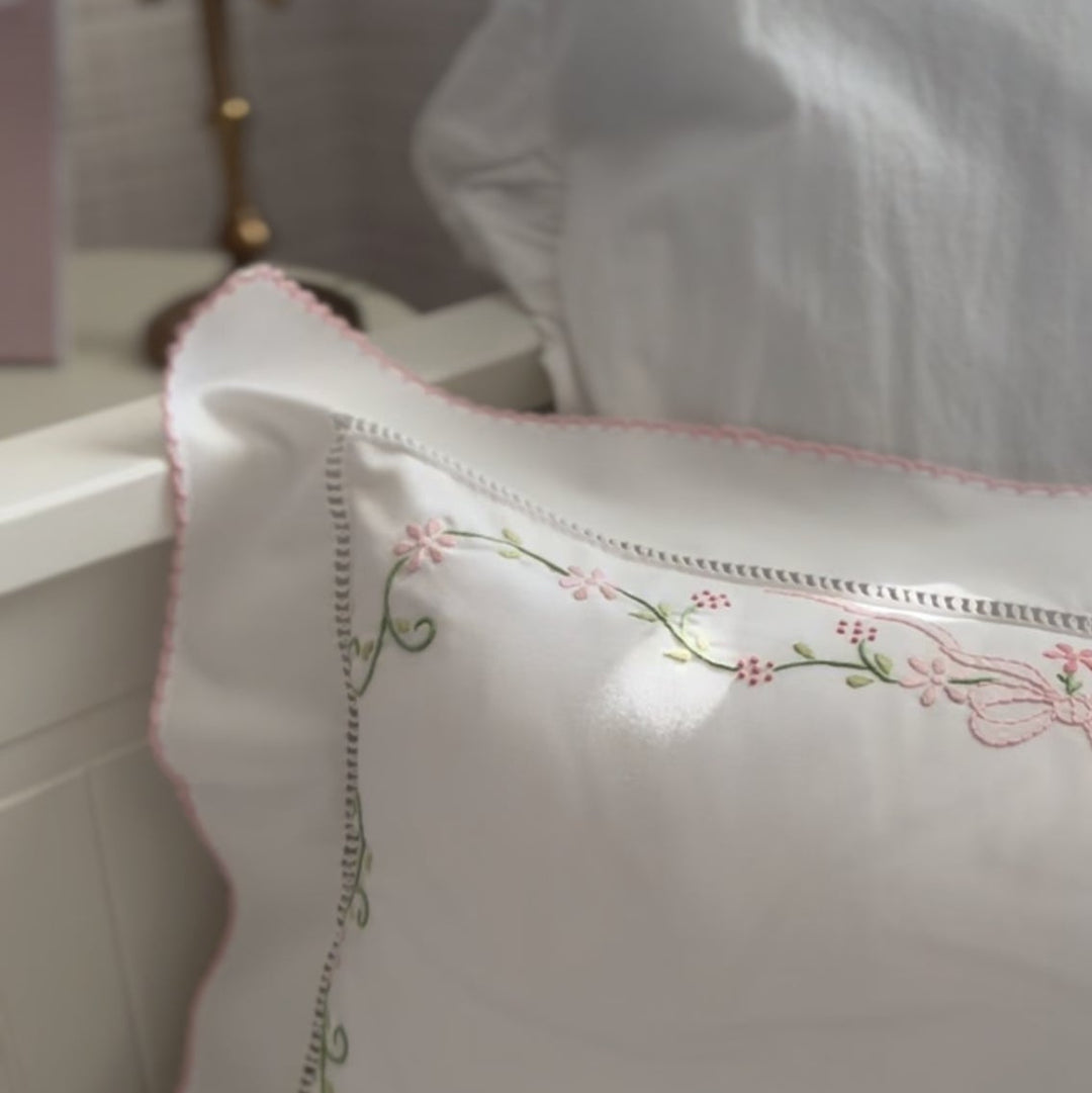 Pink Spring Bow Embroidered Boudoir Pillow with Hemstitch