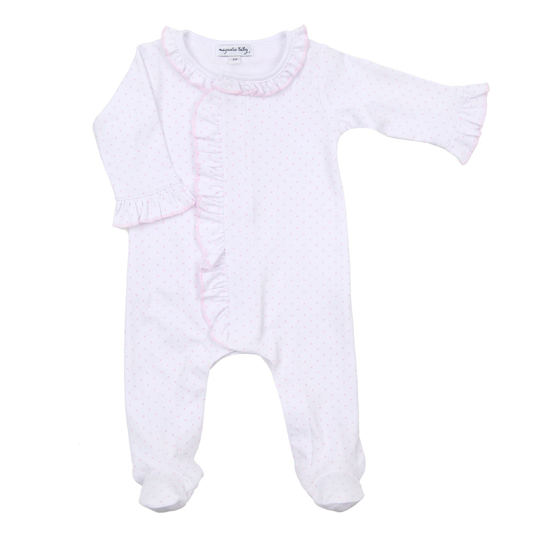 Baby onesie with pink trim on a white background