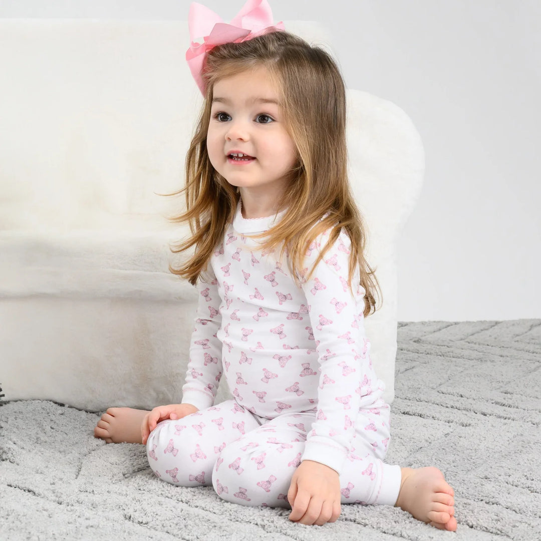Girls Pink Teddy Bear Print Long Sleeve Pajamas