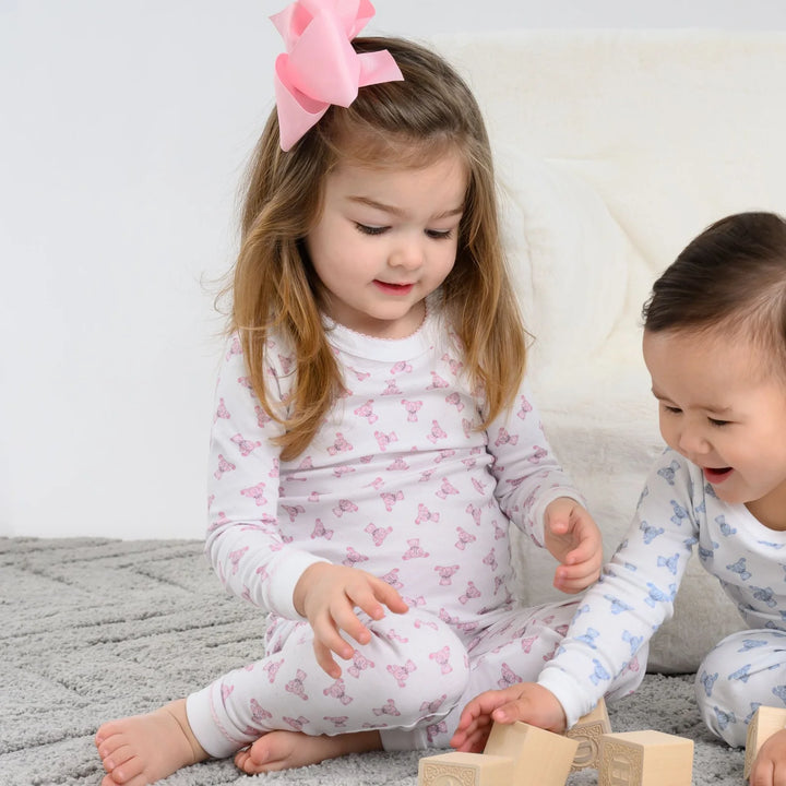 Girls Pink Teddy Bear Print Long Sleeve Pajamas