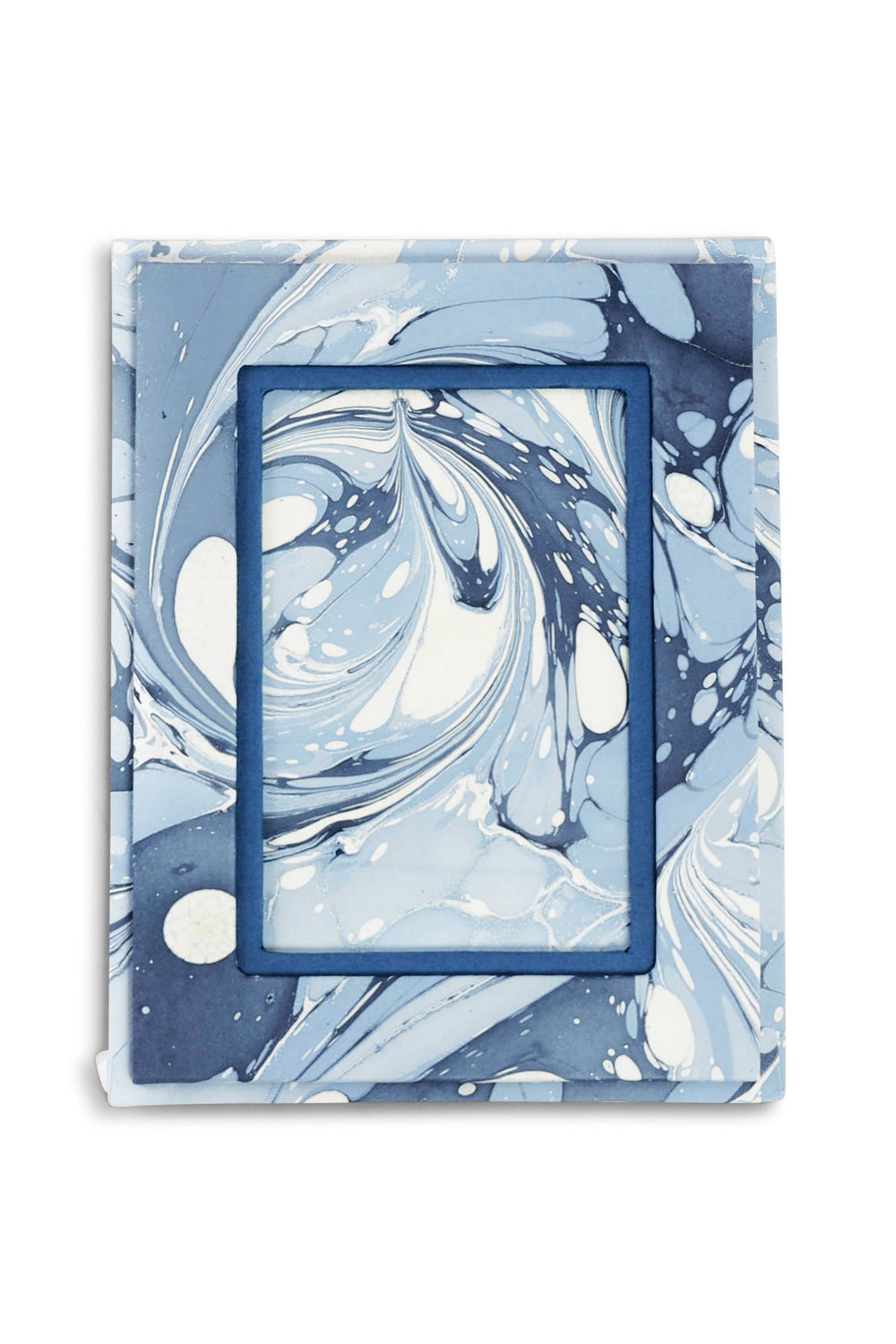 Marbled blue and white notebook with a blue border on a white background