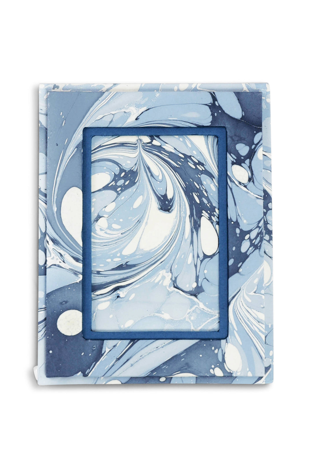 Marbled blue and white notebook with a blue border on a white background