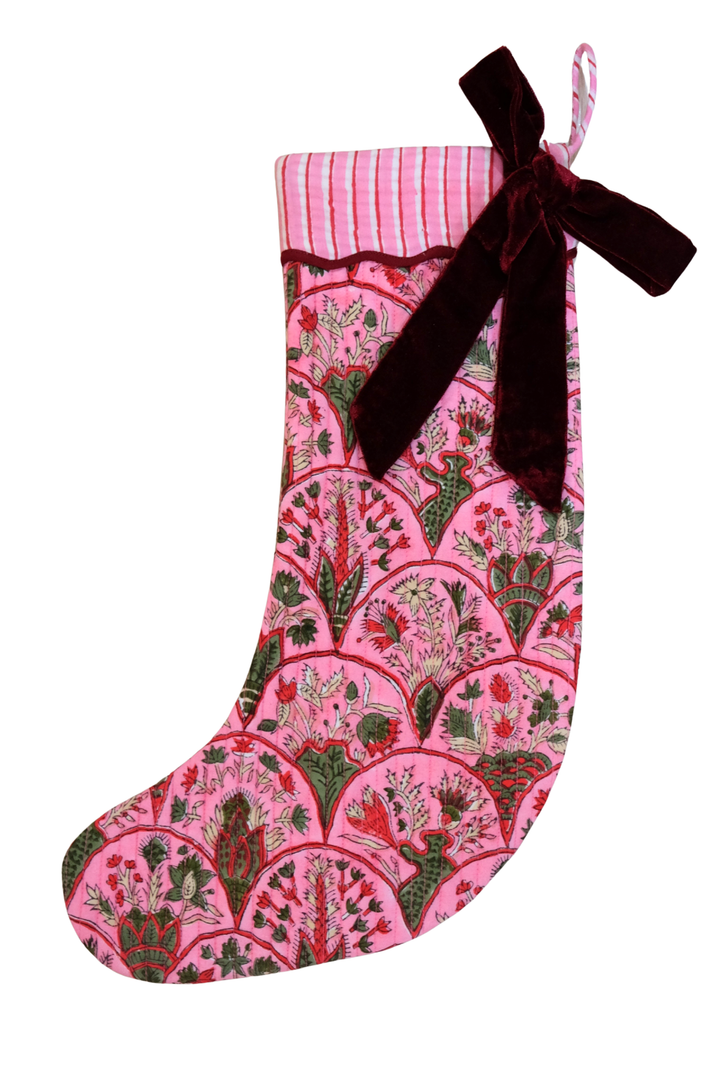 Blockprint Stocking in Holiday Arch - Pink