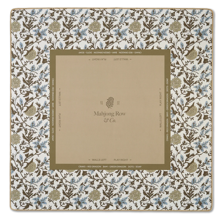 A square Mahjong Row & Co. playing card deck box or packaging insert featuring a cream background with a brown and blue floral border pattern and a central tan panel with printed branding and directional text.