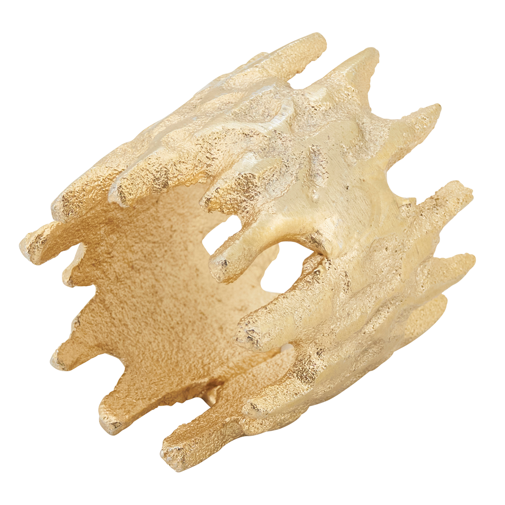 A textured, organic-shaped decorative object in a metallic gold finish, isolated on a white background.