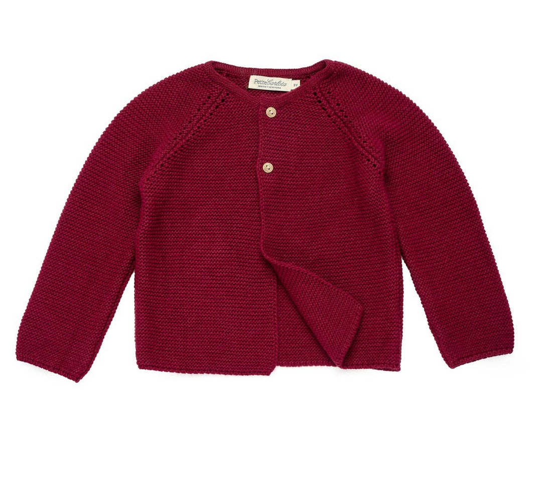 Jules Burgundy Dralon Acrylic Baby Cardigan. Two Button Burgundy Kids Layering Cardigan. Petite Carlota Handcrafted Spanish Cardigan.