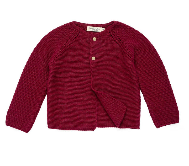 Jules Burgundy Dralon Acrylic Baby Cardigan. Two Button Burgundy Kids Layering Cardigan. Petite Carlota Handcrafted Spanish Cardigan.