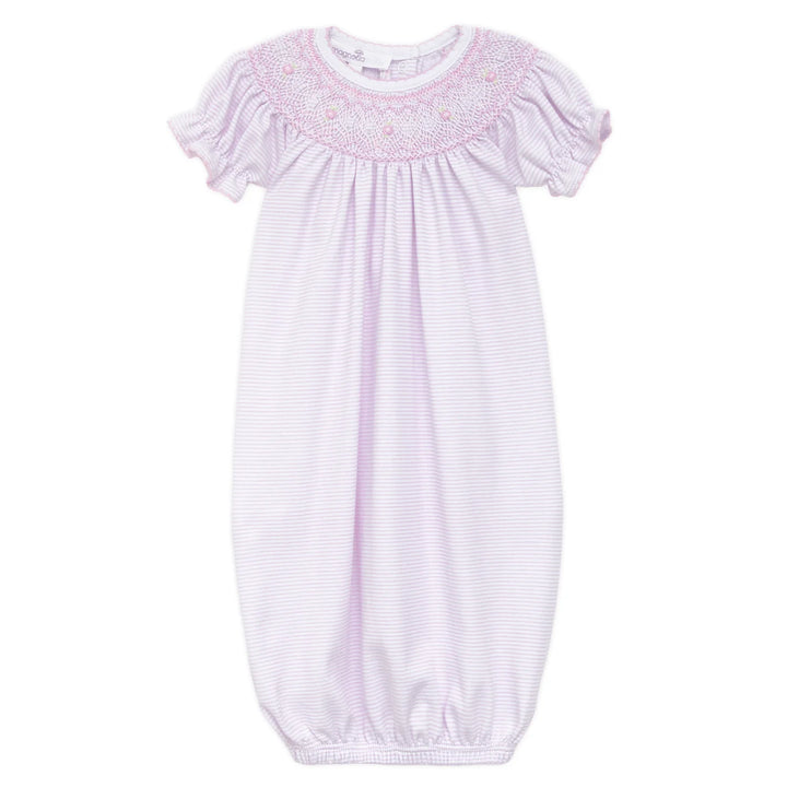 Baby gown with white and purple striped pattern on a white background