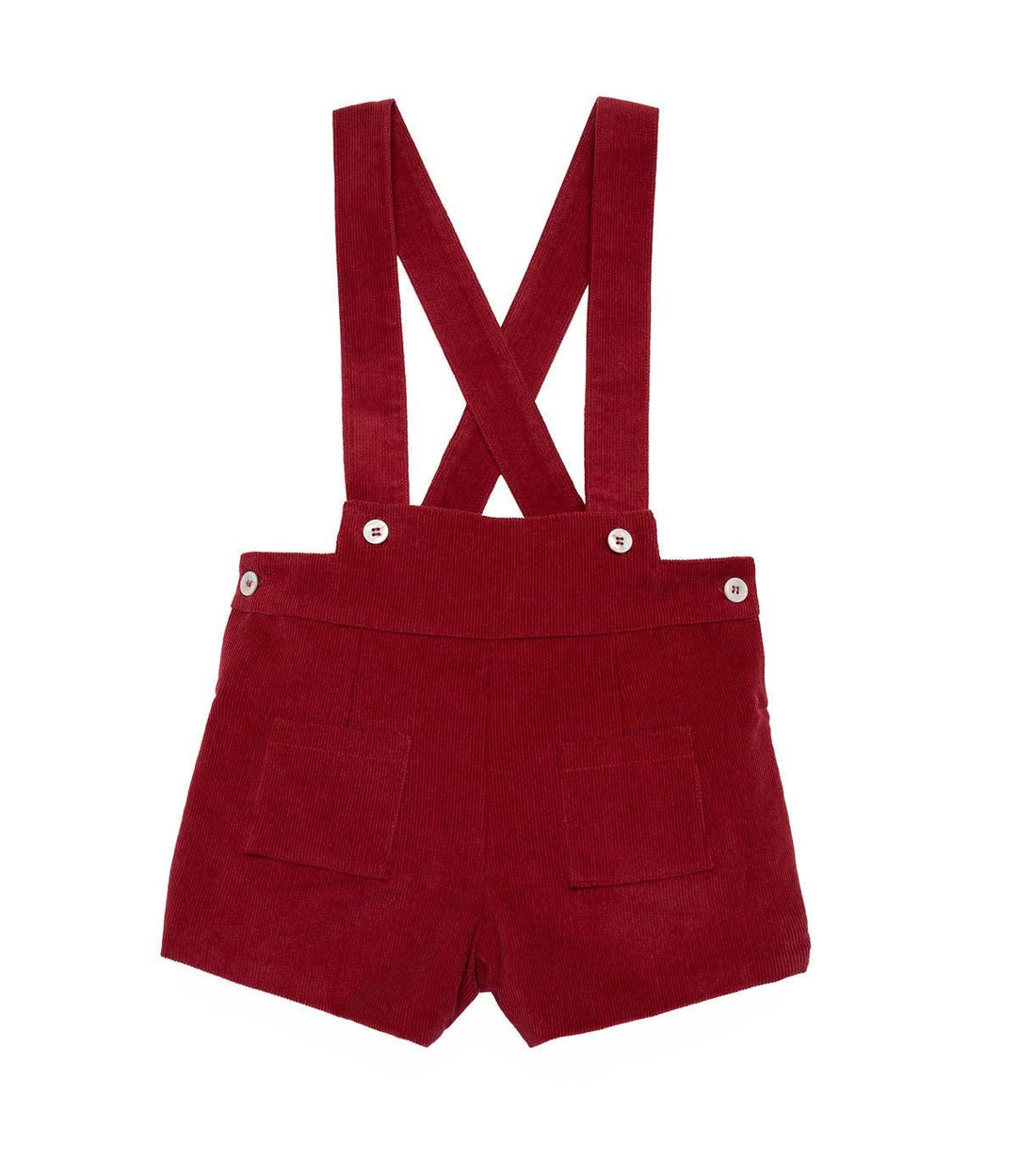 Julian Cherry Cotton Corduroy Baby Boy Romper. Crossed-Back Shorts Style Corduroy Romper. Petite Carlota Handcrafted Spanish Baby Outfit.