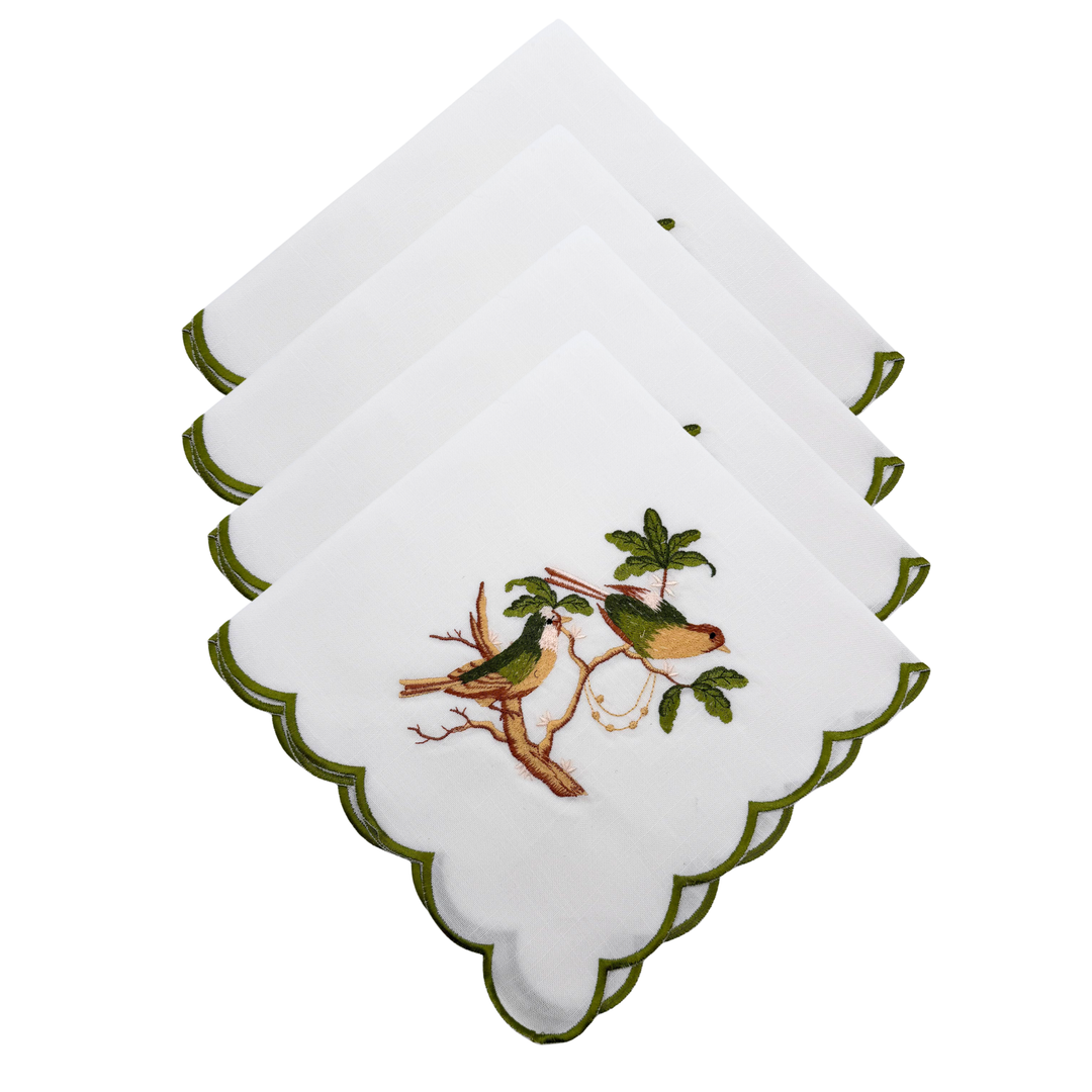 Set of white napkins with bird design on a white background