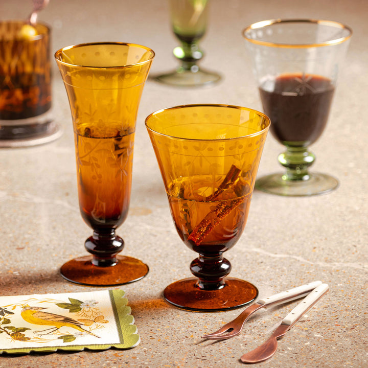 Honey Gold Etched Wine Glass-  Set of 2
