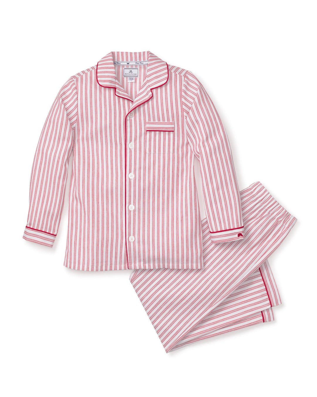 A two-piece pajama set featuring a long-sleeve button-front top and matching pants, both in a red and white vertical stripe pattern with thin red piping trim.