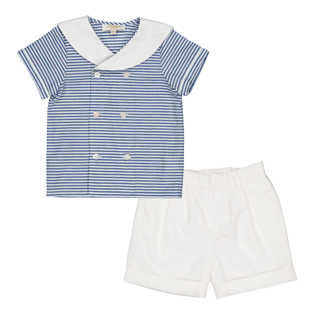Children's blue and white striped shirt with a white collar and matching shorts on a white background