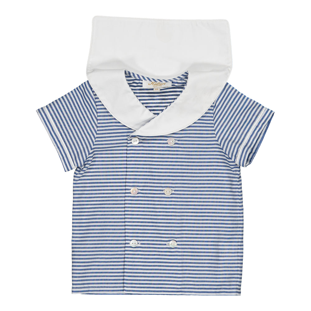 Blue and white striped baby outfit with a hood on a white background