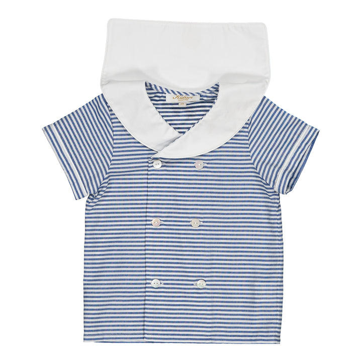 Blue and white striped baby outfit with a hood on a white background