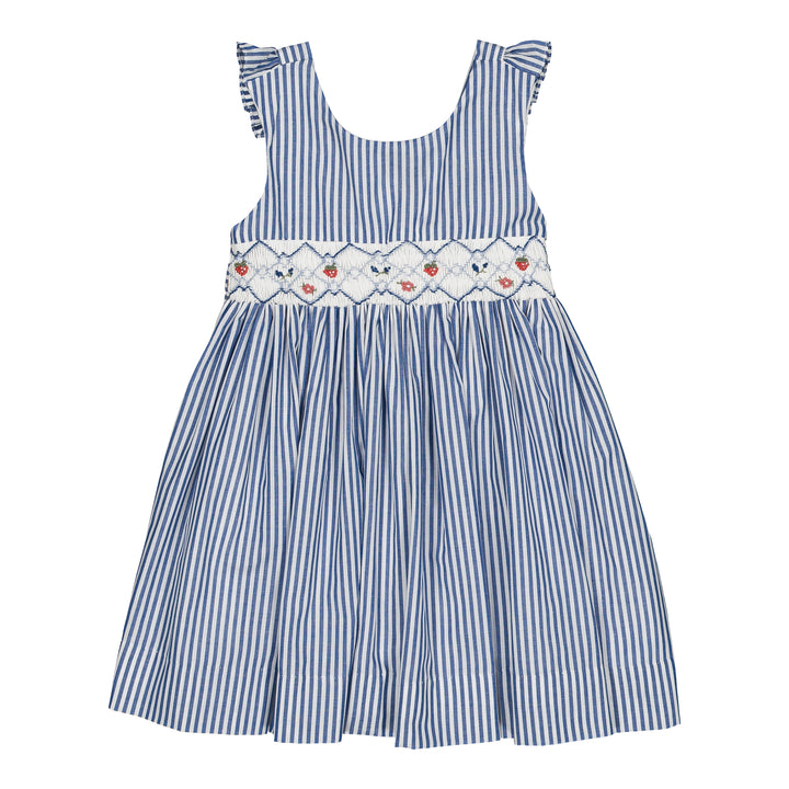 Blue and white striped dress with floral embroidery on a white background