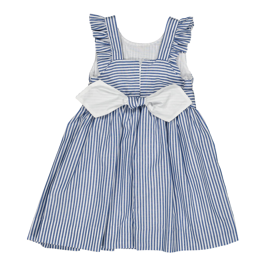Blue and white striped dress with a large bow on a white background