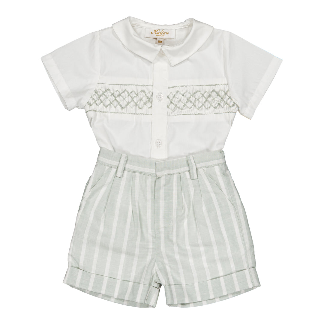Smocked Boy Two Piece Set with Green Details on White background