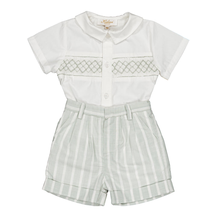 Smocked Boy Two Piece Set with Green Details on White background
