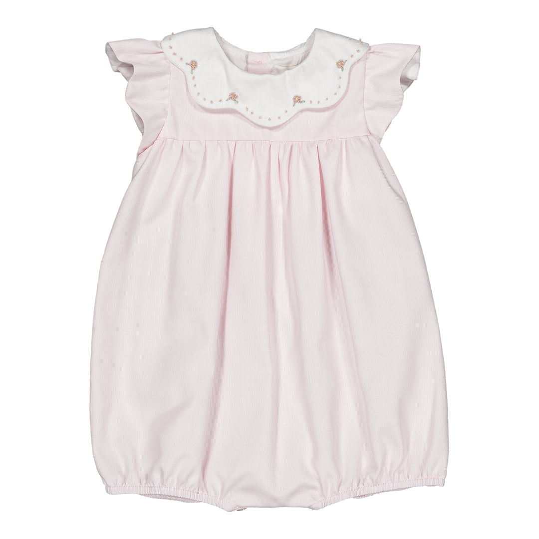 Baby girl pink romper with embroidered scalloped collar
