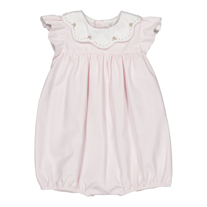 Baby girl pink romper with embroidered scalloped collar