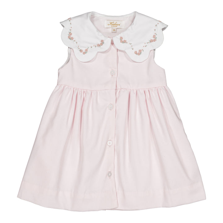 Pink dress with embroidered collar on a white background