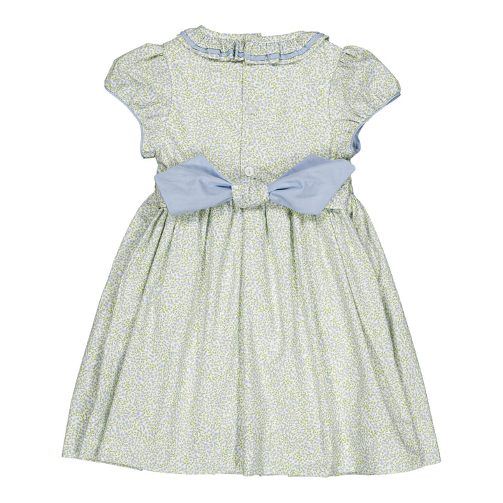 Green floral dress with a large blue bow on a white background