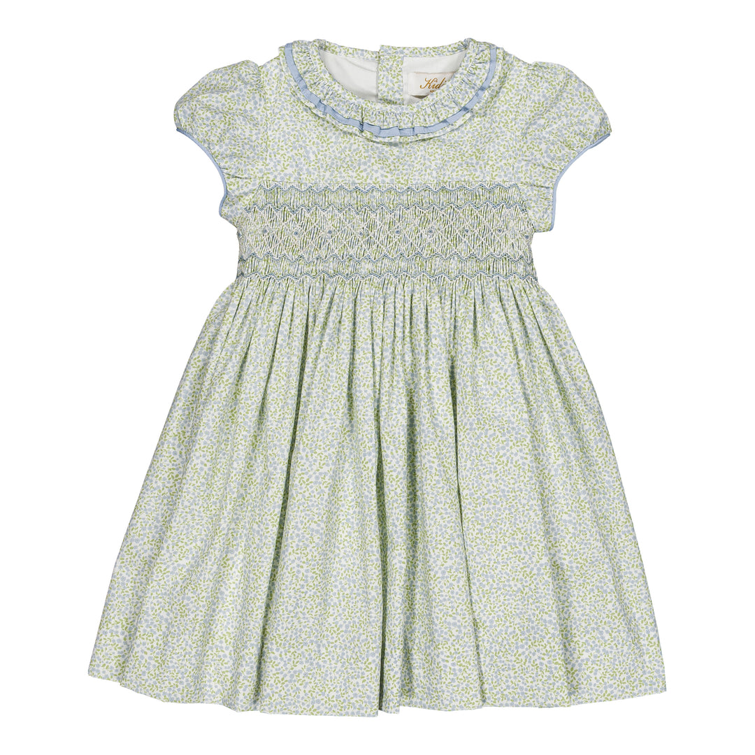 Green floral dress with blue trim on a white background