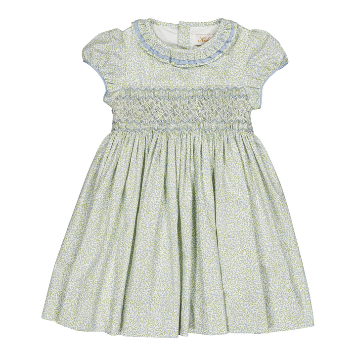 Green floral dress with blue trim on a white background