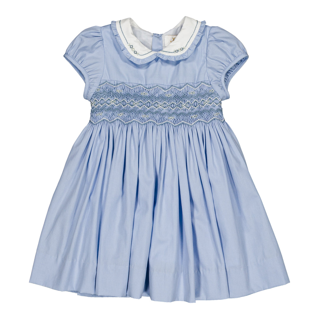 Light blue dress with smocked bodice on a white background