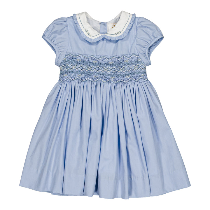 Light blue dress with smocked bodice on a white background