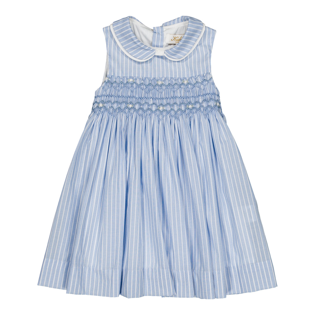 Blue striped dress with smocked details on a white background
