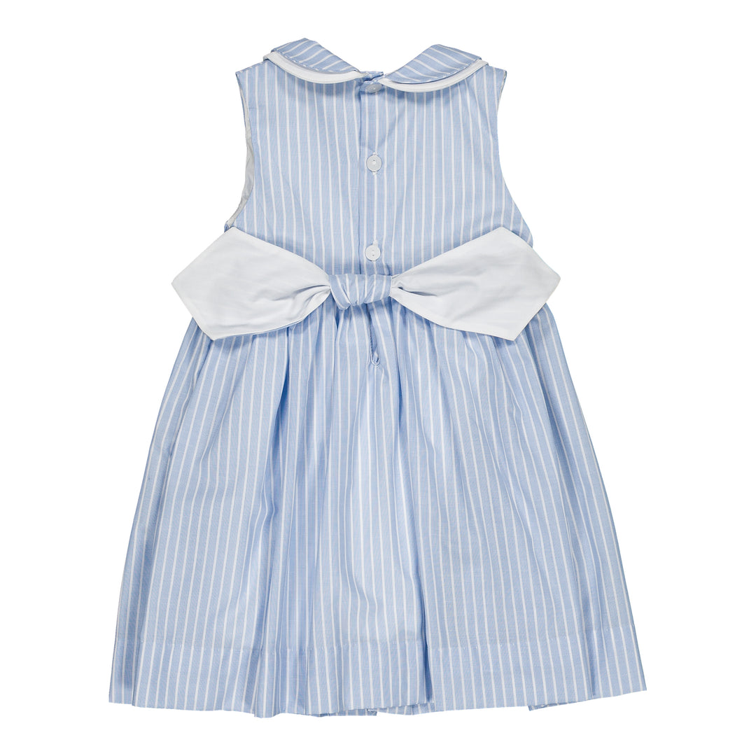 Blue and white striped dress with a large bow on a white background